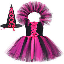 Disfraz de bruja de Halloween con cuello para niñas, ropa de fiesta de carnaval, vestido de tutú de bruja de tul, color negro y rosa intenso 2024 - compra barato