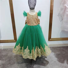 Vestido de flores personalizado para niña, vestido de fiesta de Princesa con lentejuelas, tul verde y dorado, vestidos de cumpleaños para desfile 2024 - compra barato
