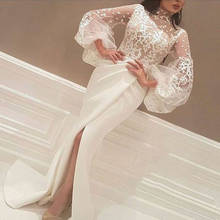 White Muslim Evening Dresses  Mermaid High Collar Long Sleeves Lace Slit Islamic Dubai Saudi Arabic Long Evening Gown Prom 2024 - buy cheap