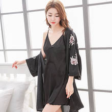 Summer Lady Mimics Real Silk Home Dress Sexy Printing Long Sleeve Robe Two Sets Bathrobe Lounge Negligee Casual Sleep Set 2PCS 2024 - buy cheap