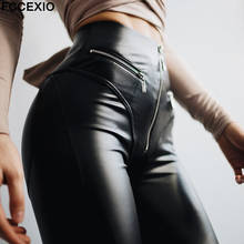 Fccexio calças de couro falso femininas, calças de cintura alta com zíper nas costas, feita em couro artificial, sexy, para mulheres 2024 - compre barato