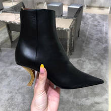 Botas femininas bico fino sexy 2019, sapatos curtos de couro preto, de marca, com salto alto de gato 2024 - compre barato