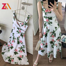 Vestido Midi elegante de verano para Mujer, ropa blanca con flores rosas, tirantes finos, Sexy, para fiesta nocturna y playa 2024 - compra barato