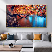 Pintura en lienzo de paisaje para sala de estar, póster e impresiones de hojas rojas de lago, naturaleza, Otoño, cuadro para pared 2024 - compra barato