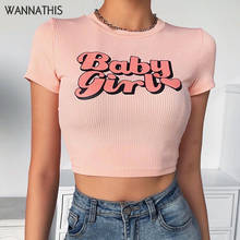 WannaThis Short Sleeve Letter Print Cropped Shirts Women Slim Elastic Pink Fashion Summer Casual Crop Tops Women Short Tee New 2024 - buy cheap