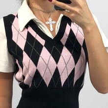 Vintage Crop Top Argyle Sweater Vest V Neck Sleeveless Tank Jumper Preppy Style Plaid Knitted Pullover Autumn Winter Clothes 2024 - buy cheap