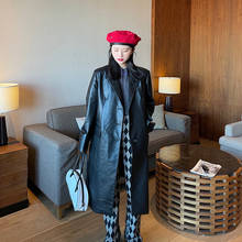 Jaqueta vintage feminina de couro sintético, casaco trench coat preto estilo longo solto de couro sintético casual para mulheres vestuário 2024 - compre barato