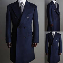 Шерстяное пальто мужское, темно-синее, длинное, двубортное, для жениха, свадьбы, выпускного вечера, делового костюма 2024 - купить недорого