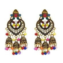 Brincos femininos retrô de tassel, brincos étnicos para mulheres, sino dourado, multicoloridos, com borla, vazado, jhumka, joalheiro gypr 2024 - compre barato