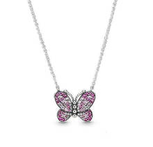 925 Sterling Silver pandora Necklace Dazzling Pink Butterfly Necklace For Women Wedding Gift Diy Jewelry 2024 - buy cheap