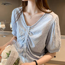 Nova blusa plissada de chiffon para verão, camiseta feminina solta com decote em v para escritório casual e branca, blus12969 2024 - compre barato