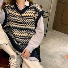 Knitting Vest Woman Preppy Style Geometric Sleeveless Oversize V Neck Pullover Sweater Womens Korean Vest Knitted Sweater Vest 2024 - buy cheap