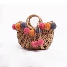 New Semi-Circular Hollow Straw Bag Colorful Furry Ball Fairy Woven Shoulder Bag Handbag Beach Holiday Rattan Clutch Fashion 2024 - buy cheap