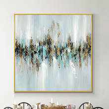 Pintura abstrata azul com folha de ouro, pintura a óleo feita à mão em tela, faca moderna, pinturas de paisagem, arte de parede para decoração de casa 2024 - compre barato