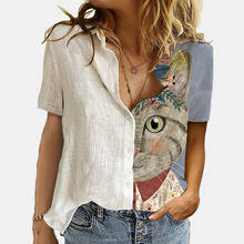 Summer Casual Short Sleeve Ladies Button Blouse Women Elegant Turn-Down Collar Patchwork Shirt Tops Streetwear Cute Cat Blusas 2024 - buy cheap