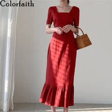 Colorfaith New 2021 Women Spring Summer Dresses Lace Up Bow High Waist Square Collar Trumpet Cotton and Linen Long Dress DR1361 2024 - buy cheap