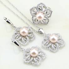 Flower 925 Sterling Silver White Cubic Zirconia Pink Pearl Jewelry Set For Women Gift Earrings/Ring/Pendant/Necklace 2024 - buy cheap