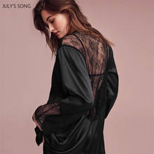 JULY'S SONG Satin Lace Pajamas Nightdress Sexy Robe Female V-neck Belt Mid-length Splicing Long-sleeved Spring Autumn Sleepwear 2024 - buy cheap
