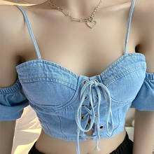 Для женщин летние джинсы рубашка с низким вырезом на спине бандаж без бретелек кроп Топ сексуальные майки 2024 - купить недорого