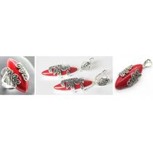 Free Shipping  Unique Red Carved Lacquer Marcasite 925 Sterling Silver Ring(#7-10) Earrings & Pandent jewelry sets 2024 - buy cheap