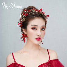NiuShuya-Diadema de flores rojas para dama de honor, tocado para el pelo con hojas doradas, diadema para boda, accesorios para el cabello para mujeres 2024 - compra barato