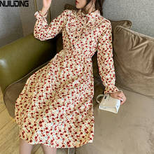 Women Bow Corduroy Floral Maxi Dress 2020 Autumn Winter Flare Sleeve Long-Sleeved Thick Elastic Waist Dresses Female Vestidos 2024 - buy cheap