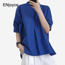 Summer Japan Style Casual Loose Shirt Women Half Sleeve Shirts Stand Collar Vintage Solid Blue Cotton Blouse Tops 2024 - buy cheap