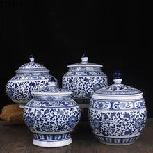 Tanque de armazenamento de porcelana, azul, branco, cerâmica, com tampa, entrada, decoração, pote de chá, pequeno objeto para a família, jarra de armazenamento 2024 - compre barato