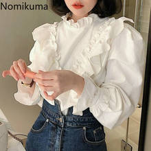 Nomikuma blusa feminina suporte de manga longa, camisa branca, com babado, de retalhos, blusa coreana chique casual solta, 3e074 2024 - compre barato