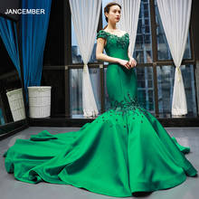 J66784 jancember de satén verde vestido de noche largo sirena elegante cuello en V mangas de encaje vestido formal abiye peacook elbisesi 2019 2024 - compra barato