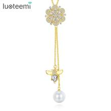 LUOTEEMI Simulated Pearl and Bee Bead Tassel Kolye Long Sweater Flower Pendant Necklaces for Women Wedding Fashion Jewelry Gifts 2024 - buy cheap