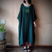 Johnature Summer Loose Casual Patchwork Dress 2021 New O-Neck Linen Wrist Sleeve  Women Retro Dark green Dress 2024 - buy cheap