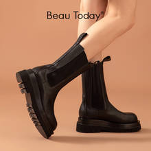 BeauToday-Botas Chelsea de piel de vaca auténtica para mujer, zapatos con plataforma y punta redonda, hasta media pantorrilla, hechos a mano, otoño, 02366 2024 - compra barato