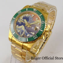 BLIGER All Yellow Gold 40mm Automatic Men Watch 24 Jewles NH35A Wave Pattern Green Luminus Dial Sapphire Glass Oyster Strap 2024 - buy cheap