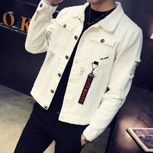 Spring and autumn 2021 Casual ripped hole denim jacket men\'s Korean trendy male youth ribbon motorcycle long-sleeve jacket men 2024 - buy cheap