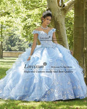 Céu claro azul princesa quinceanera vestido 2021 fora do ombro apliques lantejoulas flores festa doce 16 vestidos de 15 años 2024 - compre barato