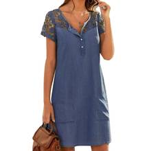 Loose dress apparel Women Fashion Short Sleeve Lace Patchwork Buttons Pocket Knee-length Denim Dress 2024 - buy cheap