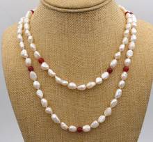 Joyería envío gratis, nuevo collar largo 48 "7-8mm barroco blanco perla de agua dulce % rubí rojo AAA 2024 - compra barato