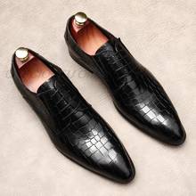 Sapatos masculinos oxford, sapatos sociais de couro legítimo, com estampas de pele de cobra, estilo clássico, café, preto, com laço 2024 - compre barato