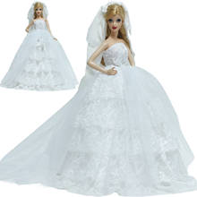 1 conjunto branco vestido de noiva renda + véu acessórios em camadas vestido bola dollhouse menina princesa roupas para barbie boneca crianças brinquedos 2024 - compre barato