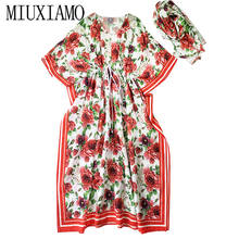 MIUXIMAO-Vestido largo bohemio de talla grande para mujer, Vestido largo de seda con cuello en V y mangas murciélago, caftán rojo con flores, cinturón, 2021 2024 - compra barato