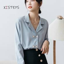Double Breasted Office Lady Shirts Women 2021 Chiffon Blouses Elegant Female Turn-down Collar Clothes OL Style Tops Spring 2024 - buy cheap
