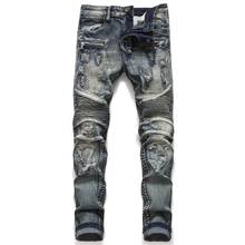 Mcikkny calças jeans masculinas, rasgadas, motociclista, retalhos, calças jeans, masculino, fashion, designer de tamanho 29-38 2024 - compre barato
