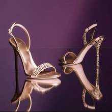 Sandálias de salto alto de cristal champanhe, sapatos com corte gladiador, salto alto, estilingue, sapato com dedos para o verão, tamanho grande 10 2024 - compre barato