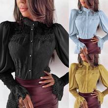 Blusa Vintage de oficina para mujer, camisa de moda de Color sólido, cuello levantado, manga larga, panada, botones de encaje, otoño 2024 - compra barato