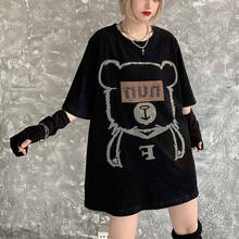 Oumengka camiseta casual feminina, de diamantes pretos e urso, moda urbana feminina, blusa de manga curta solta, roupas de hip hop 2024 - compre barato