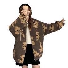 Женская пушистая плюшевая теплая толстовка с капюшоном, куртка большого размера с мультяшным медведем и принтом на молнии 2024 - купить недорого