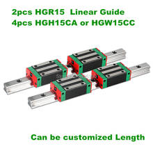 Guia de trilho linear com guia 2 pçs hgr15, 15mm, conjunto de haste guia + 4 peças, bloco de rolamento deslizante hgh15ca/flang hgw15cc para peças cnc 2024 - compre barato