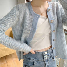 2020 Autumn Elegant Female Cardigans Baby Blue Cardigan O neck Long-sleeved Women Patchwork Knitted Sweaters Women's Loose Tops 2024 - buy cheap