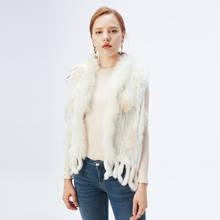 ETHEL ANDERSON Womens Handmade Knitted Gilet Real Farm Rabbit Fur Vest/Top Lady Warm Raccoon fur Collar Vtg Tassels Wholesale 2024 - buy cheap